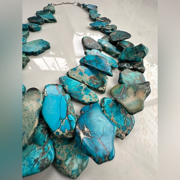 Aqua Jasper Gemstone Slab Statement Necklace-Sterling Silver-Boho Chic - Picture 6 of 8